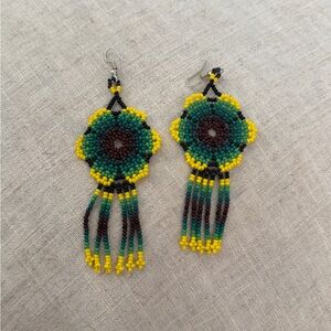 Handcrafted Beaded Earrings - Green and Yellow Huichol
